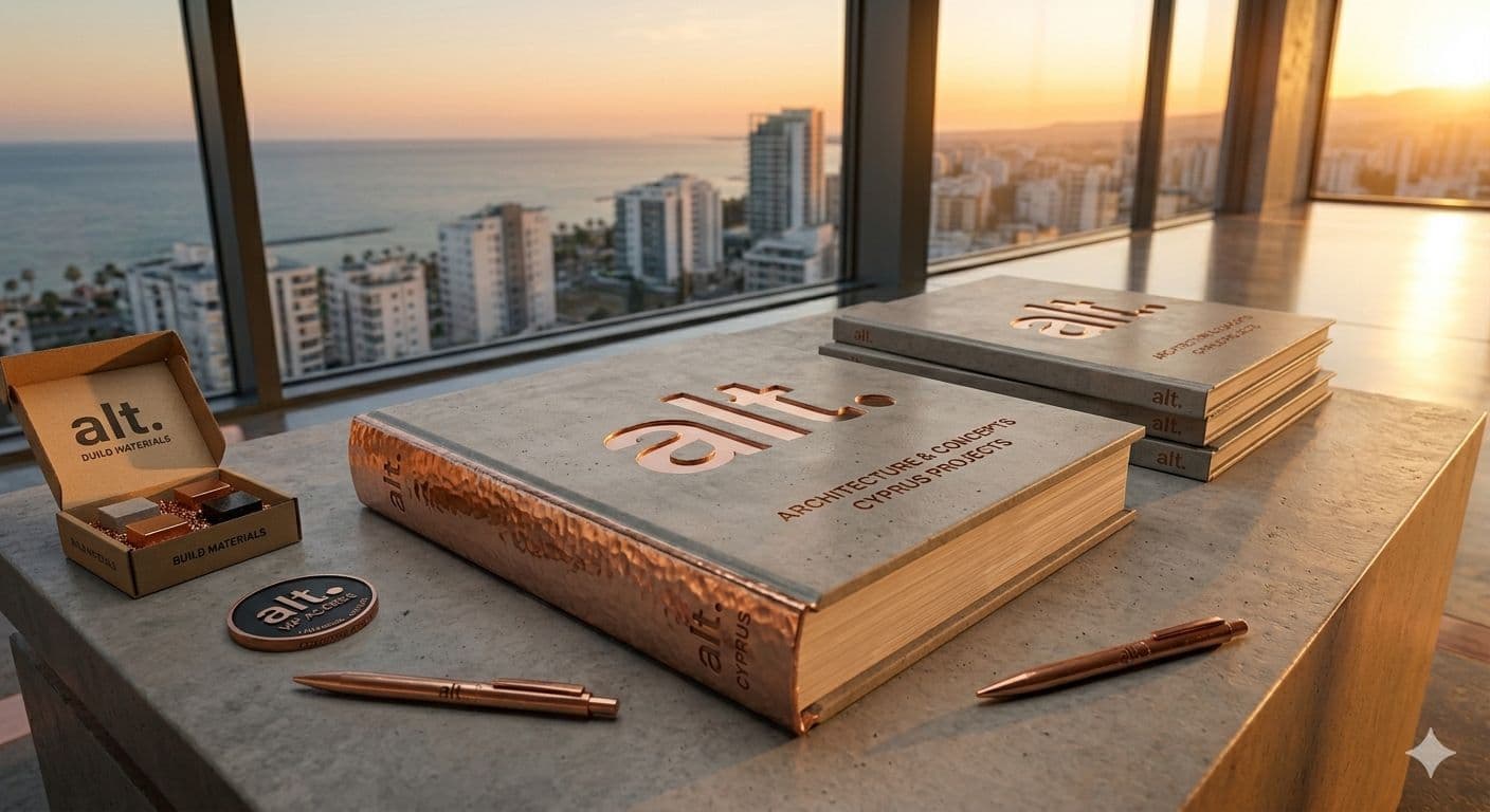 Copper-bound Alt books, material samples and copper pens on concrete before a sunset sea view