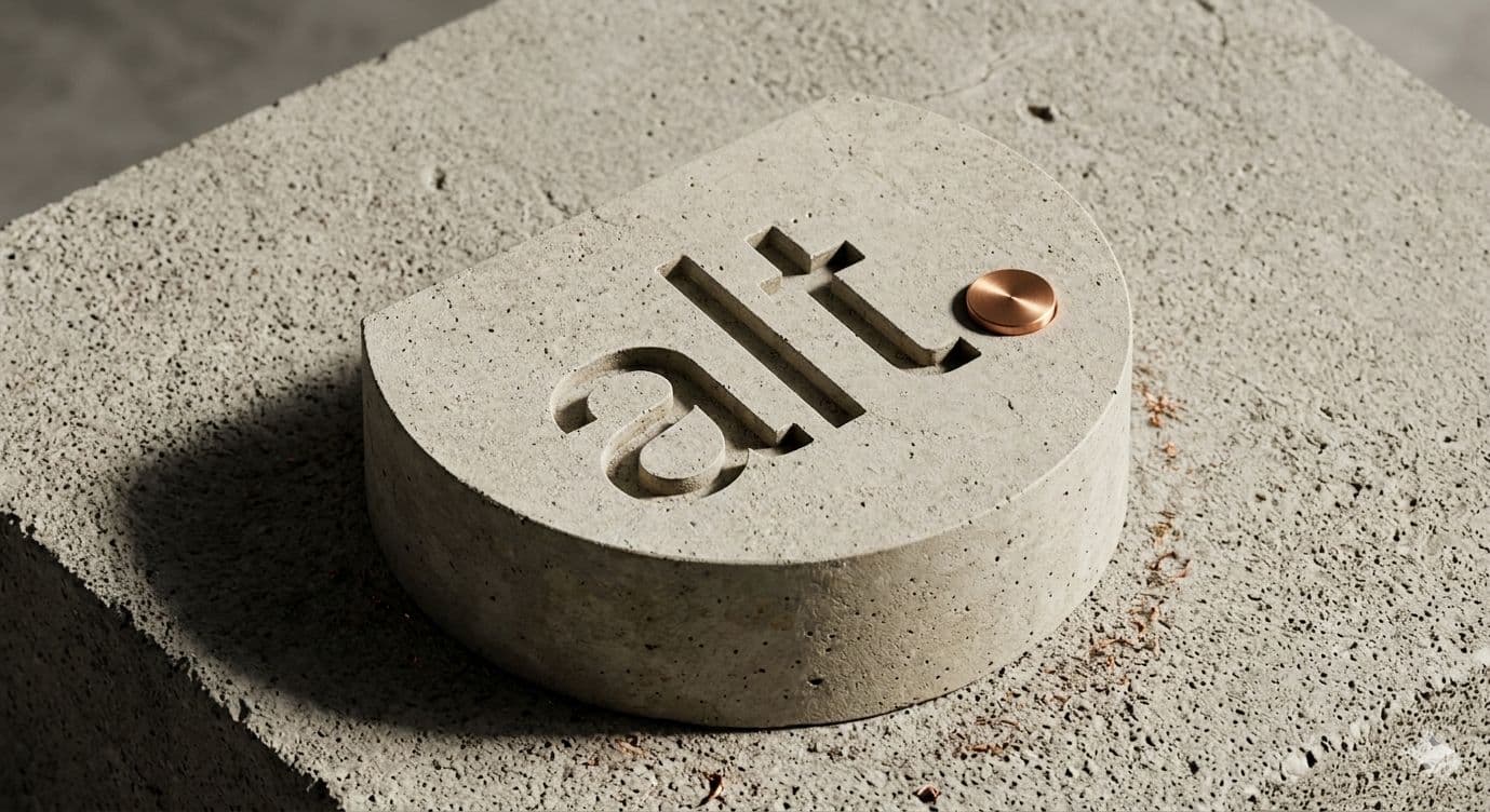 Alt logo carved into a rounded concrete block with a copper dot inlay